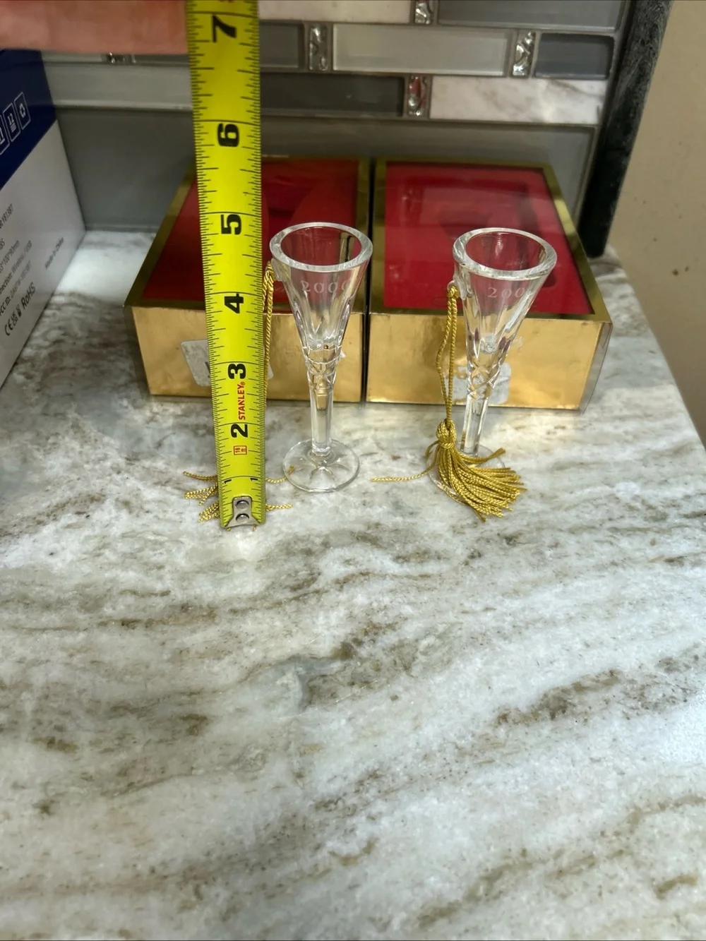 2 Gorham Crystal Lady Anne Ornament Miniature Champagne Flute Gold Tassel New